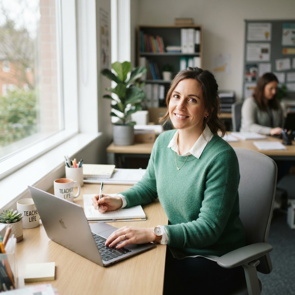 Underviser i et lyst, moderne skolemiljø, klar til at hjælpe